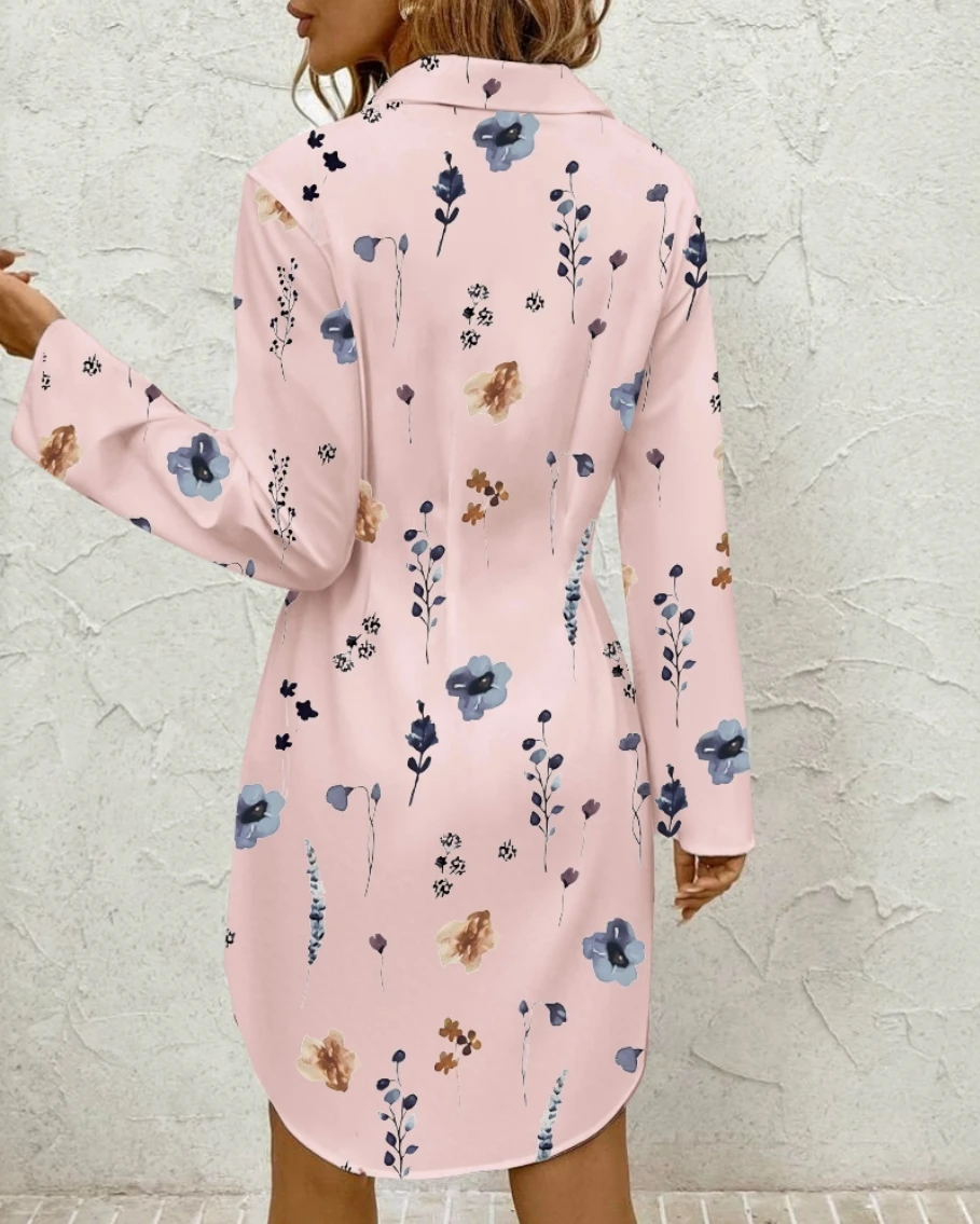 Vestido Midi de manga larga con estampado de flores a la moda de otoño para mujer, vestido camisero informal para mujer, vestido de playa con cintura delgada