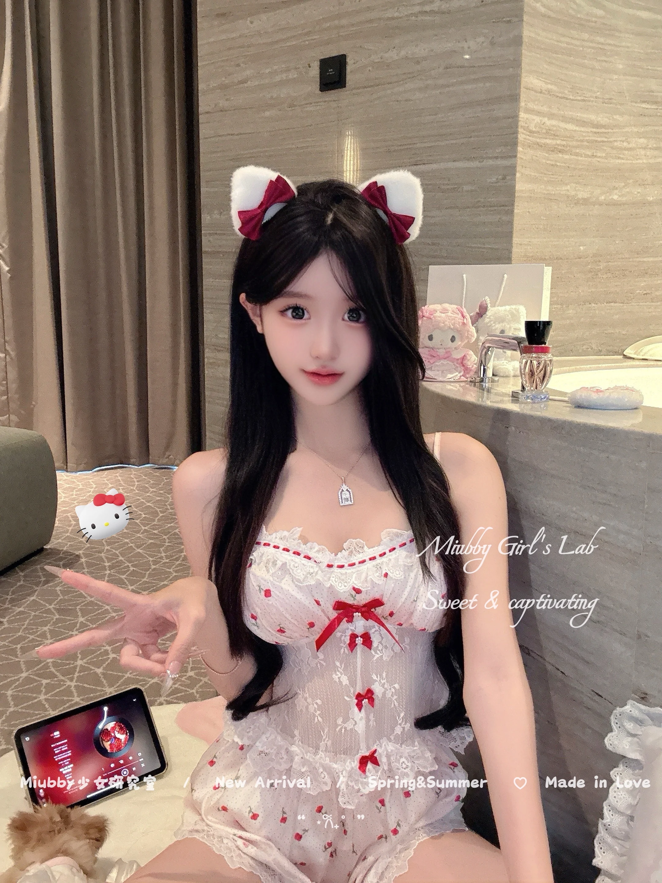 Japanese Original Doll Feeling Sweet Girl Ice Silk Suspender Pajamas Lace Bow Cute Print Sexy Casual Loungewear Set