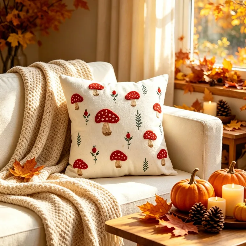 2 pieces three-dimensional embroidery mushroom maple leaf pillow cover waist pillow cover atmosphere feeling sofa pillow cover