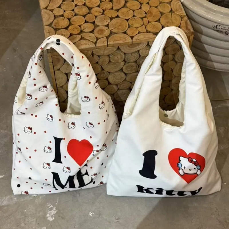 

Miniso Холст Hellokitty Повседневная сумка на плечо для девочек Хлопковая корейская сумка с буквенным принтом Большая вместительная маленькая большая сумка для женщин
