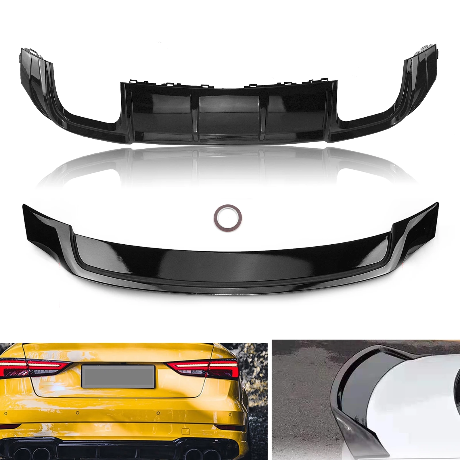 

Car Rear Bumper Diffuser Lip & Trunk Lid Roof Spoiler Wing For Audi S3 A3 Sport 2017-2020