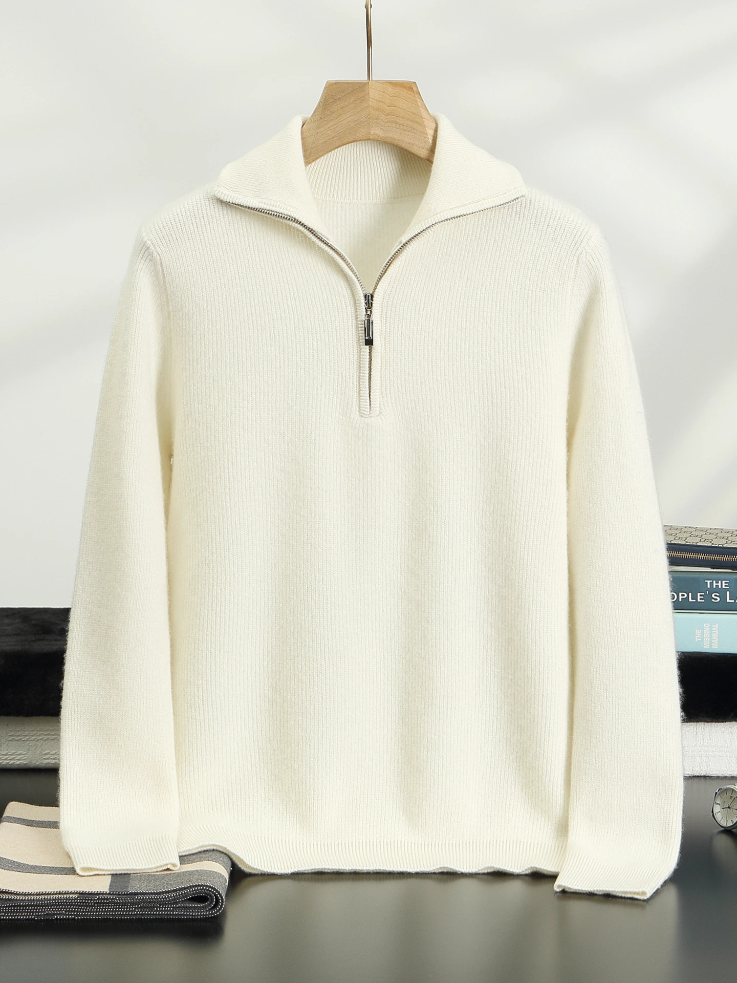 Simple 100% Pure Cashmere Pullover Sweater Men Autumn Winter Soild Half-Zip Laple Thickend Soft Knit Sweater Smart Casual  Warm