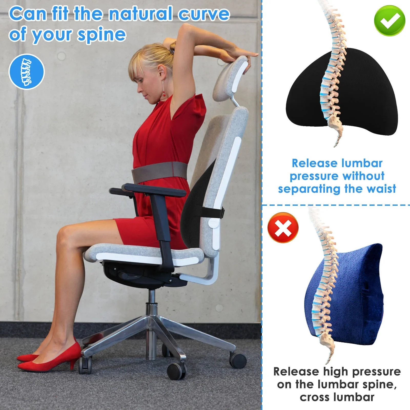 Office Chair Support Pillow Memory Foam Back Pillow Car Seat Support Waist Cushion Balanced Relieves Low Back Pain Lumbar Pillow