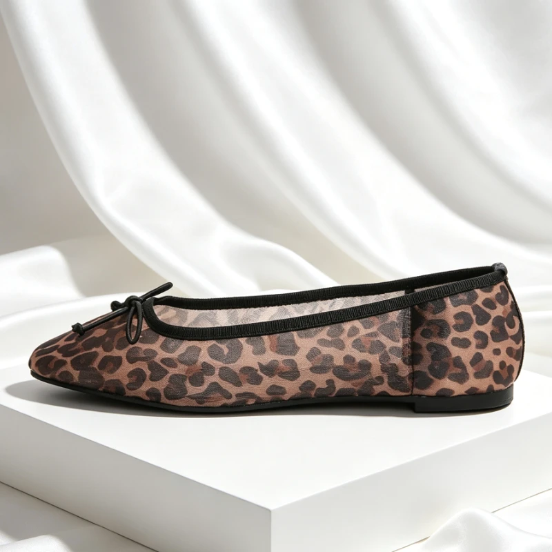 Summer Designer Leopard Mesh Breathable Ballerina Flat Shoes Casual Comfortable Women's Slip-on Shoes Square Toe Mary Jane Shoe