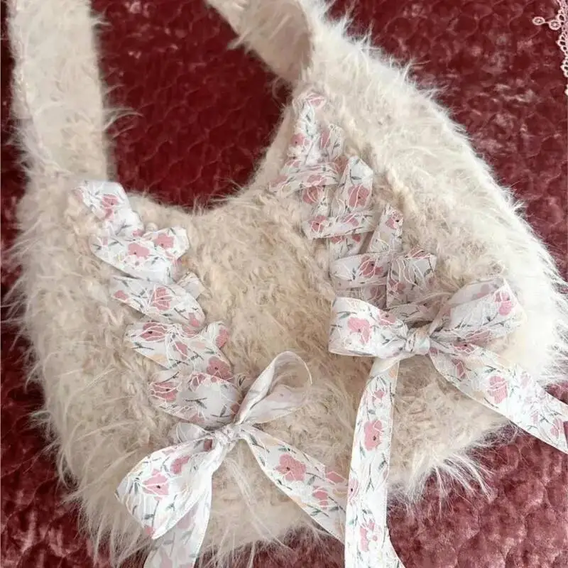Bloom Fairycore Pink Shoulder Bags Women Sweet Lace Bow Chic Knitted Female Vintage Cute Underarm Bag Handbag Aesthetic