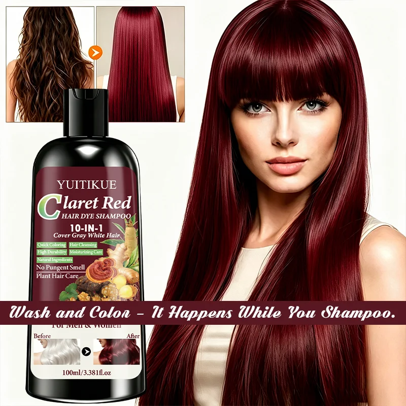10 In 1 Claret Red Hair Dye Shampoo Natural Plant Quick Coloring Cover Gray White Hair Long Lasting Gentle Hair Care 100ml