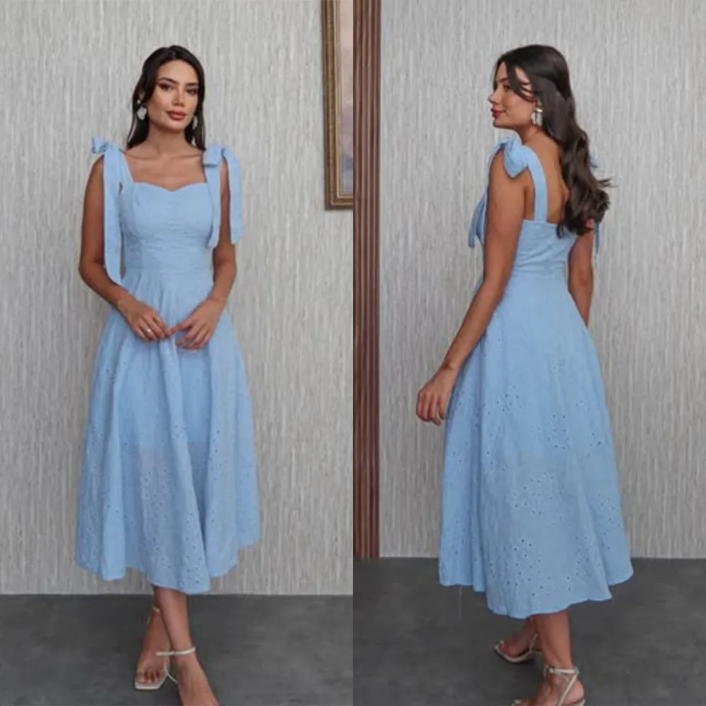 

High Quality Customized Sweetheart Ankle Length Backless Blue Wide Suspenders Sleeveless Robe Pour Mariage Invité Evening Gowns