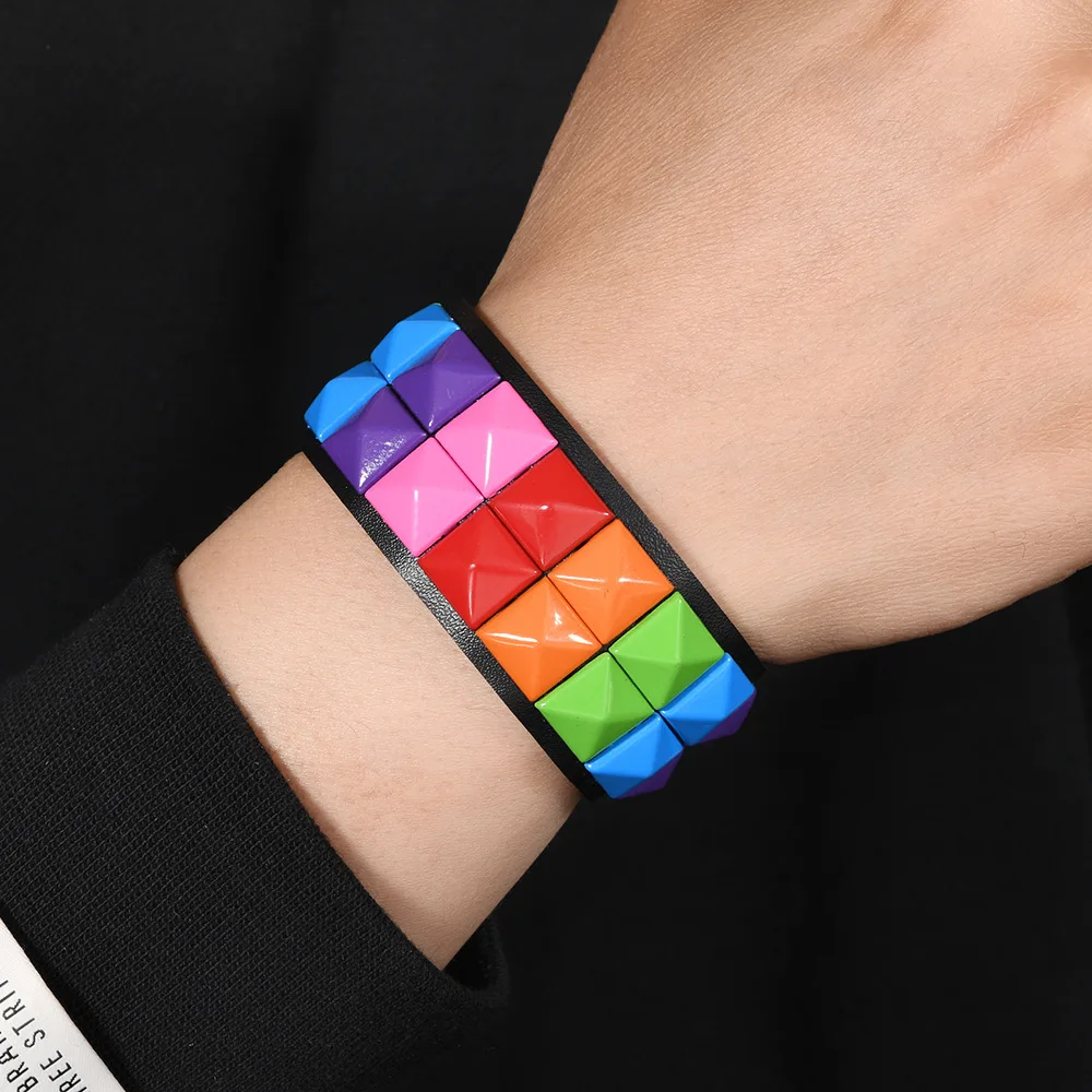 13 Color Punk Hip-Hop Two Rows of Square Rivets PU Leather Big Wide Bracelet For Male Female Buckle Wristband Vintage Jewelry