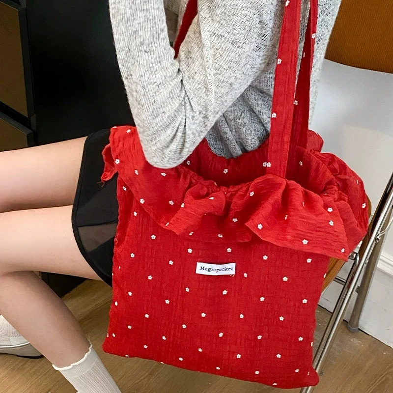 

Ladies' Chiffon Mesh Bag Handbag with Red Ruffle Edge, Fashionable and Versatile, Trendy for Travel