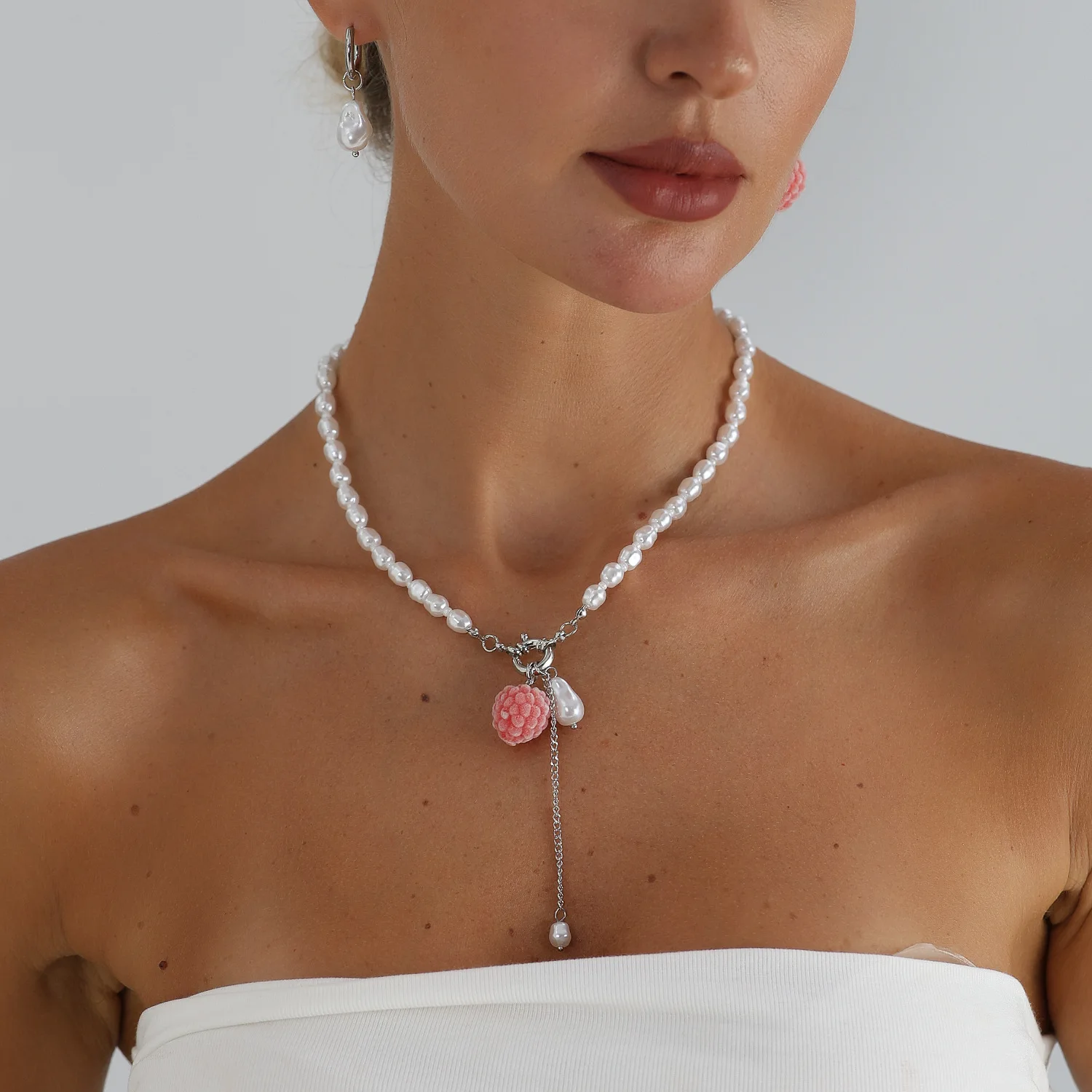 Elegant Baroque Simulated Pearl Necklaces for Women Pink Raspberry Pendant Necklace Choker Earrings Trendy Wedding Jewelry Gifts