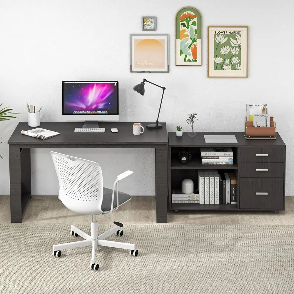 Computer Desk L Shaped with Drawers, Corner Desk with 3 Drawers and 2 Shelve, Executive Office Desk with Storage File Cabinet