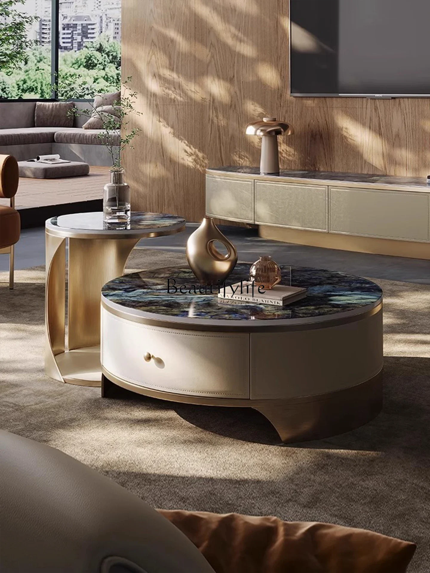 

LJYLight luxury natural marble coffee table round combination