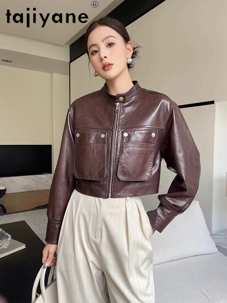 TAJIYANE chaqueta de piel de oveja auténtica para mujer, abrigo corto y elegante para motocicleta, chaquetas de cuero genuino, ropa de otoño 2025 para mujer dубл onderка