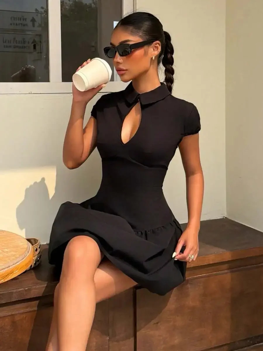 

Women Solid Color Stand-Up Collar Keyhole Cut-Out Short Sleeve Mini Dress Casual Slim Fit