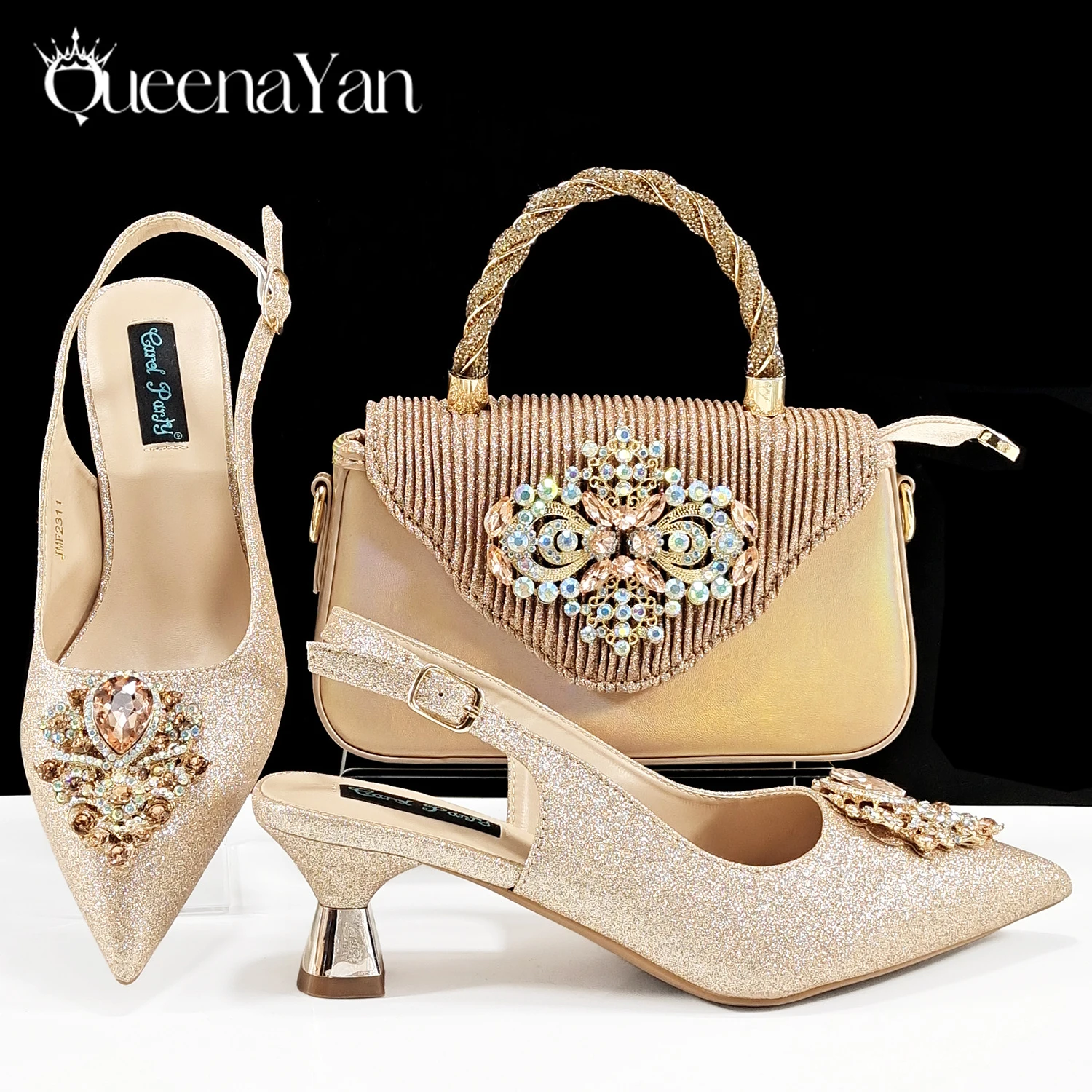 2024 Italian Design Peach Colour Pointed Toe Shoe & Bag Set Rhinestone Luxury  Women's High Heels for Parties By QSGFC