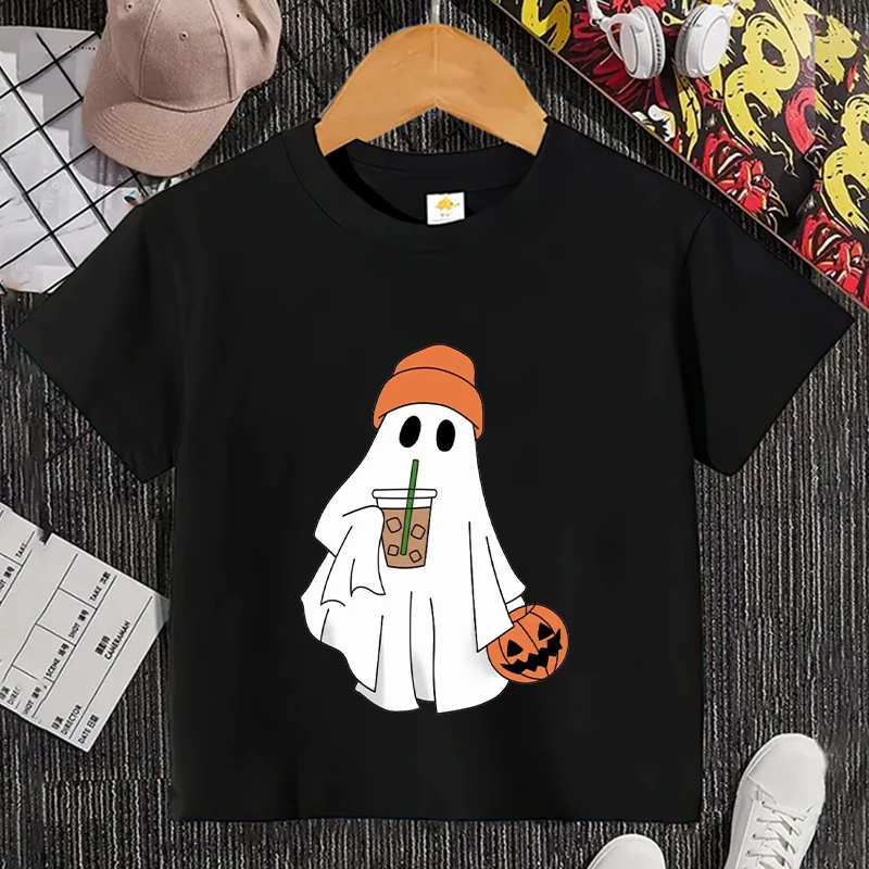 Little Boo Drinking Coffee Halloween Spooky Season Shirt Children T-Shirts Harajuku Graphic Tops Kids Summer Fashion Tshirt Tops