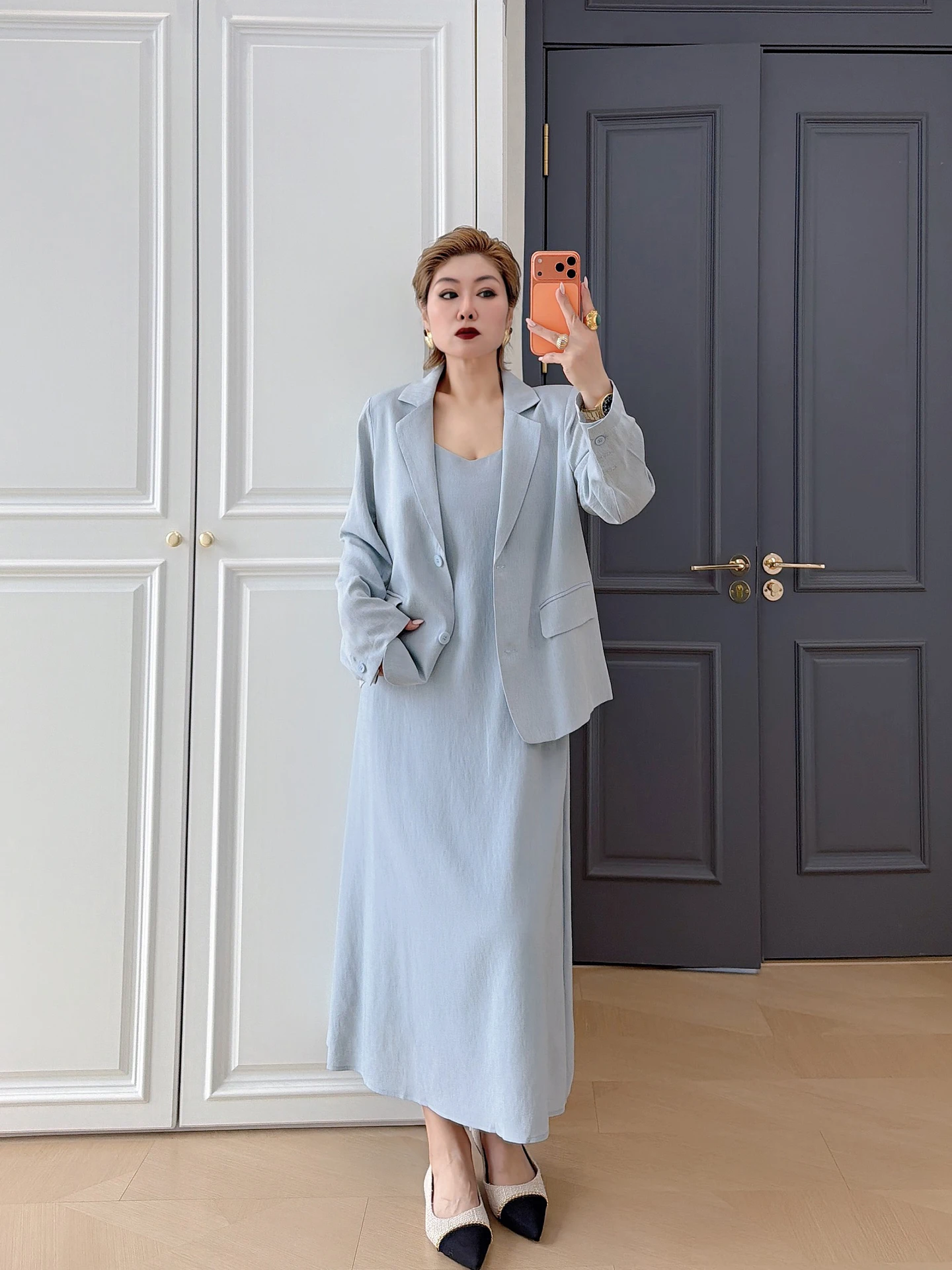 

Комплект повседневного костюма больших размеров: элегантное платье и блузка для женщин, комплект из двух предметов, юбка А-силуэта с высокой талией, длинный рукав, круглый вырез