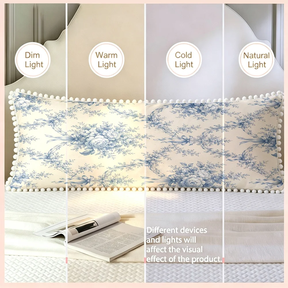 1PC Cream Background with Blue and White Porcelain Scroll Floral, Chinoiserie French Floral Long Pillow Cover with Pom Pom Tri