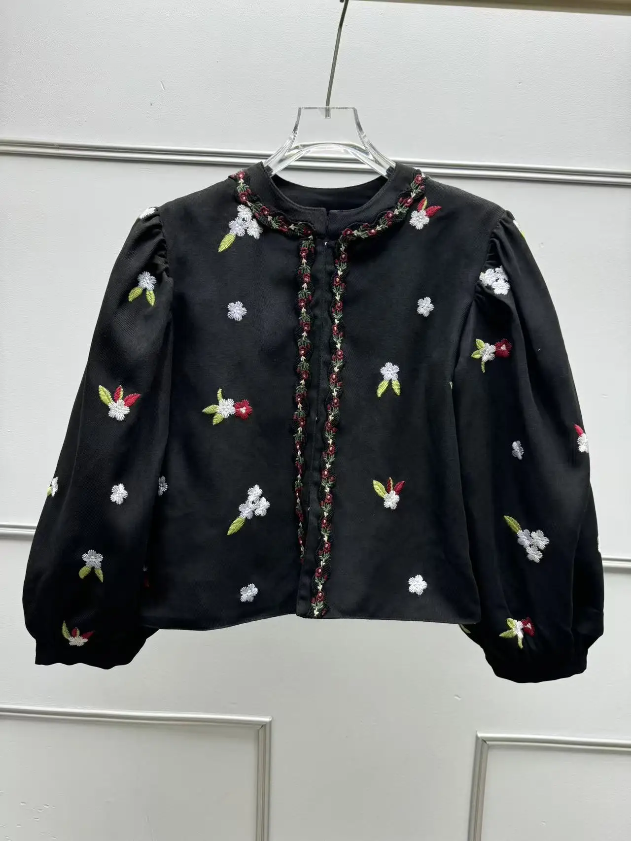 

Romantic Embroidered Floral Cotton Velvet Jaet ort Lantern Sve Texture Diagonal Stripe Women's French Sle Stand Fit