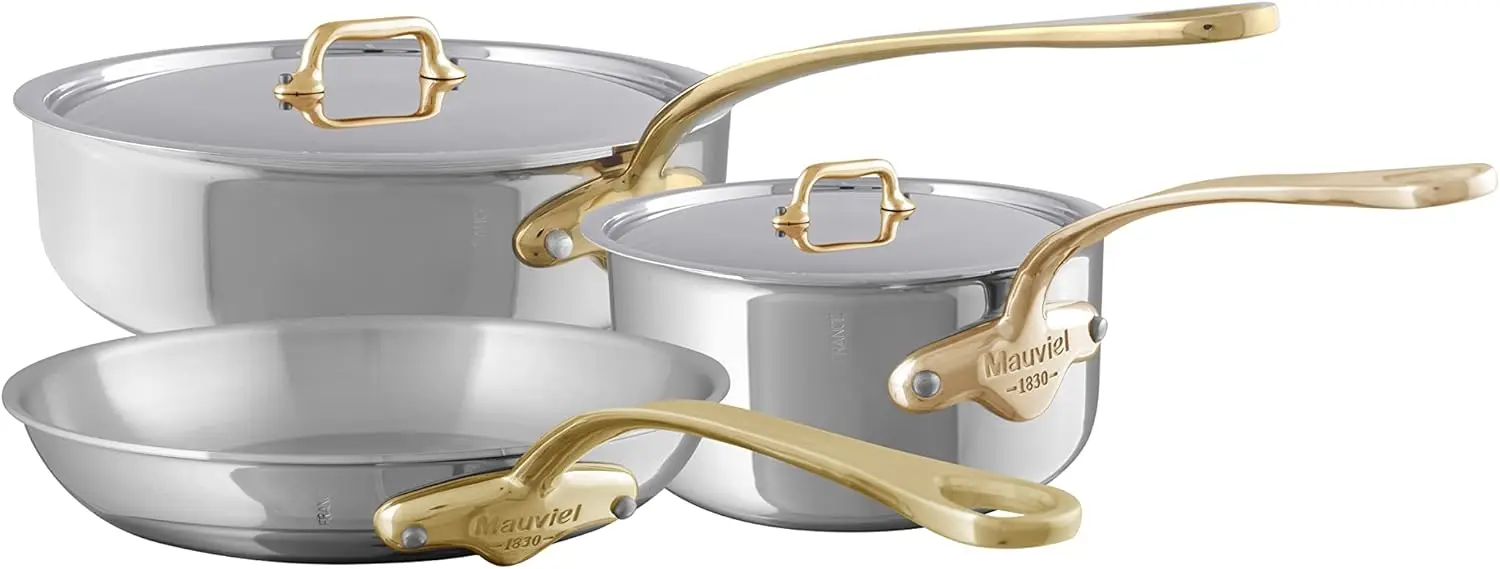 M'Cook B 5-Ply Polished Stainless Steel 5-Piece Cookware Set With Brass Handles, Made In France