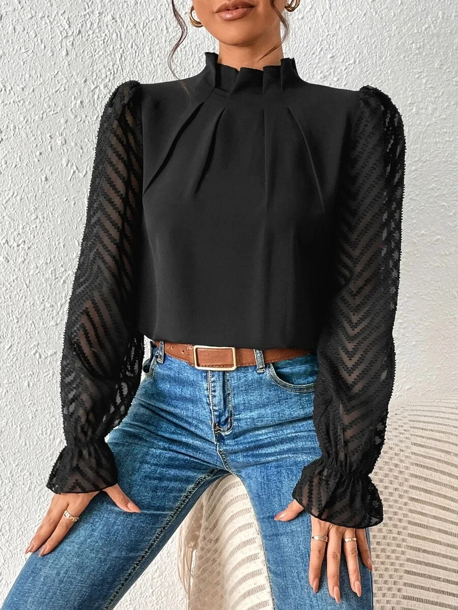 Elegant Women\'s Shirt Office Lady Blouse 2023 Autumn Half High Collar Panel Wave Chiffon Long Sleeve Top Women\'s Shirt S-XXL