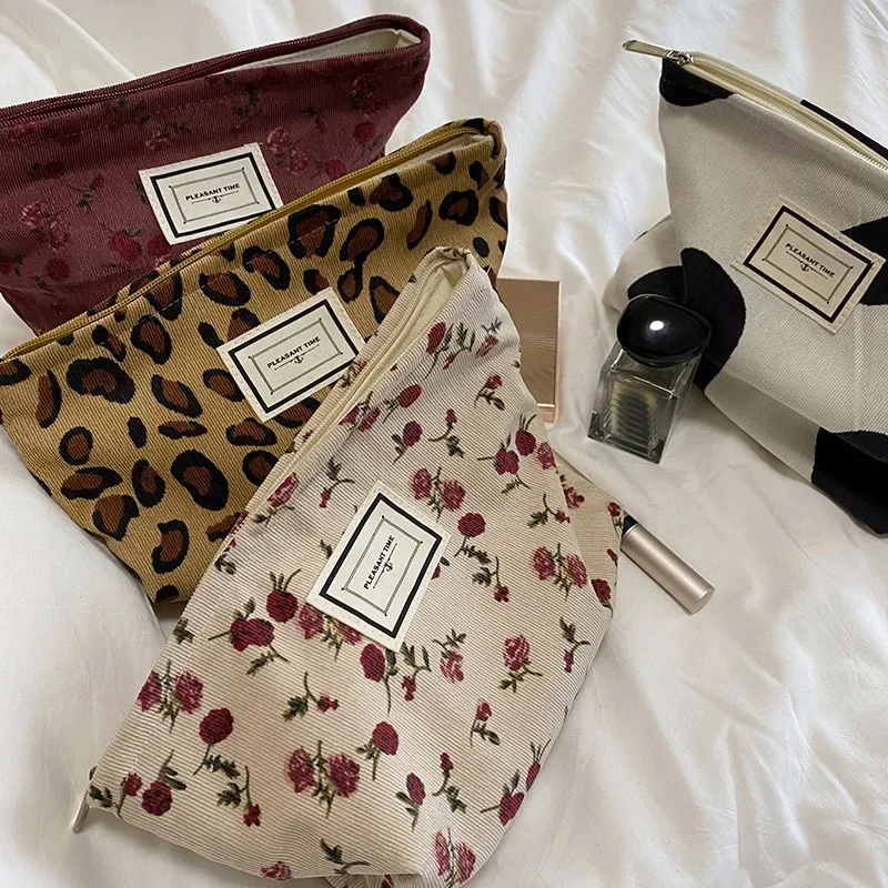 Bolso de pana Floral para mujer, bolsa de cosméticos de leopardo y cuadros, organizador de maquillaje, almacenamiento, estuche de lápices para chicas