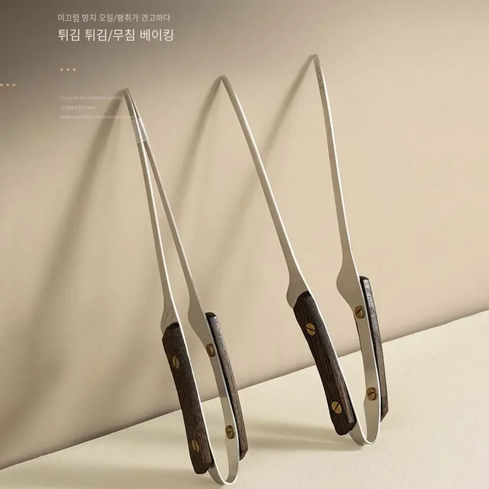 TARKA 24cm/9.4in Camping Picnic BBQ Tongs 304 Stainless Steel Barbecue Grill Tongs Clip Heat Insulation Wooden Handle Cook Tong