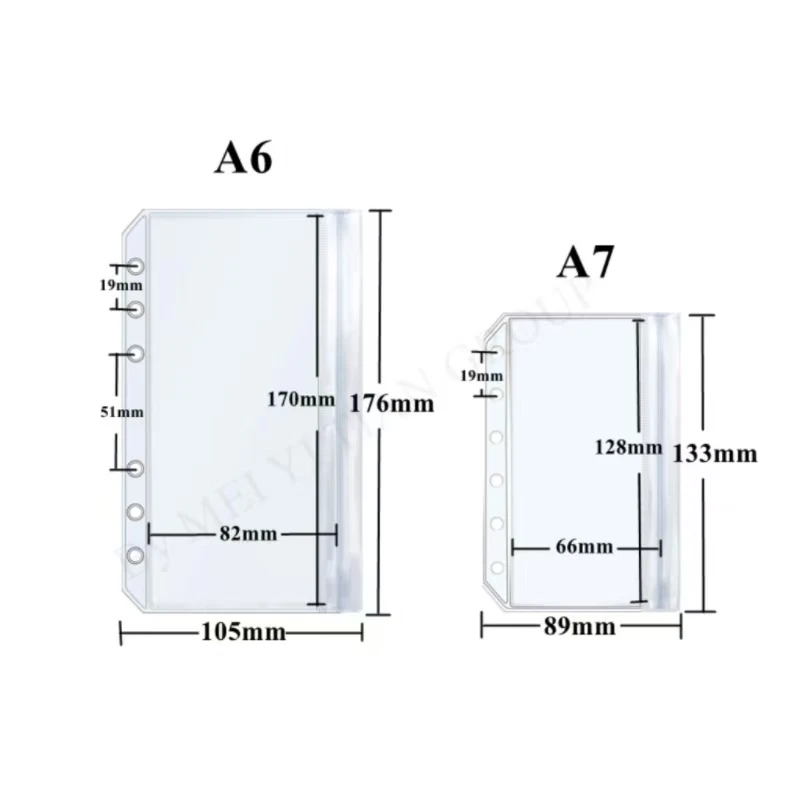 New 6PCS A5/A6/A7 6 Holes 3-layer double-sided Binder Pockets ,Transparent Zipper Folders and Side open Folders, Waterproof PVC