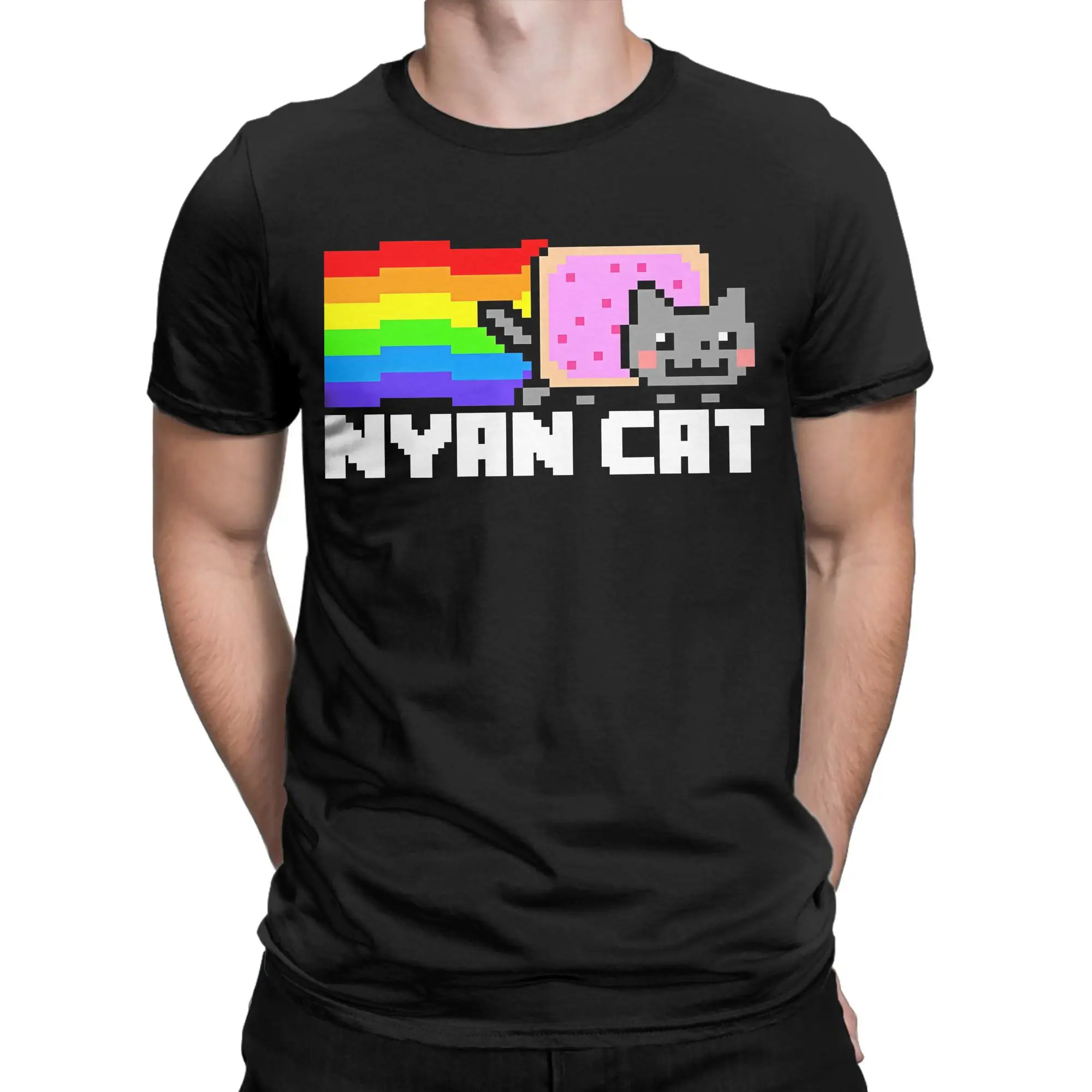 تي شيرت رجالي Nyan-Cats Rainbow Game الجدة القطن الخالص تي شيرت قصير الأكمام مضحك الإنترنت ميمي تي شيرت Crewneck merch هدية