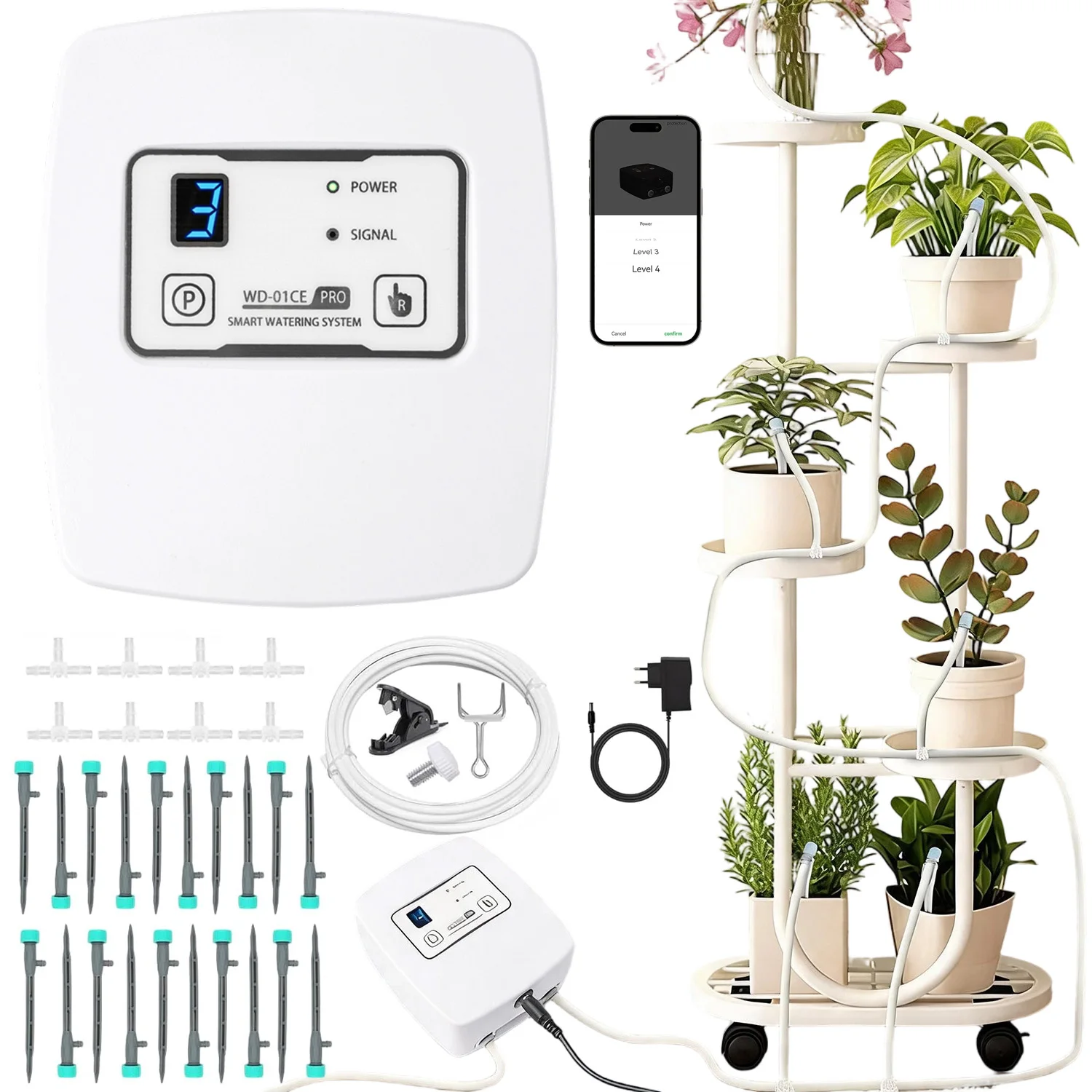 Automatisches WLAN-Bewässerungssystem für Topfpflanzen, Zimmerpflanzenbewässerung mit programmierbarem Timer, 2,5 m selbstansaugende Pumpe, 20-teiliges Tropfbewässerungsset