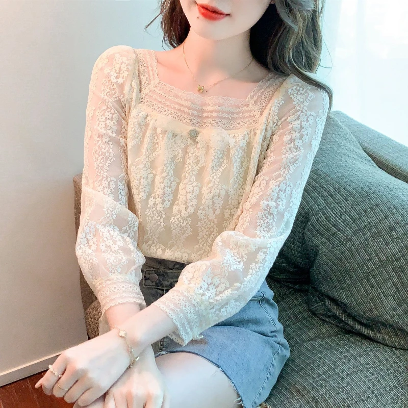 French Square Collar Bow Lace Shirt with Sweet and Elegant Style Long Sleeved Super Fairy Long Sleeved Top