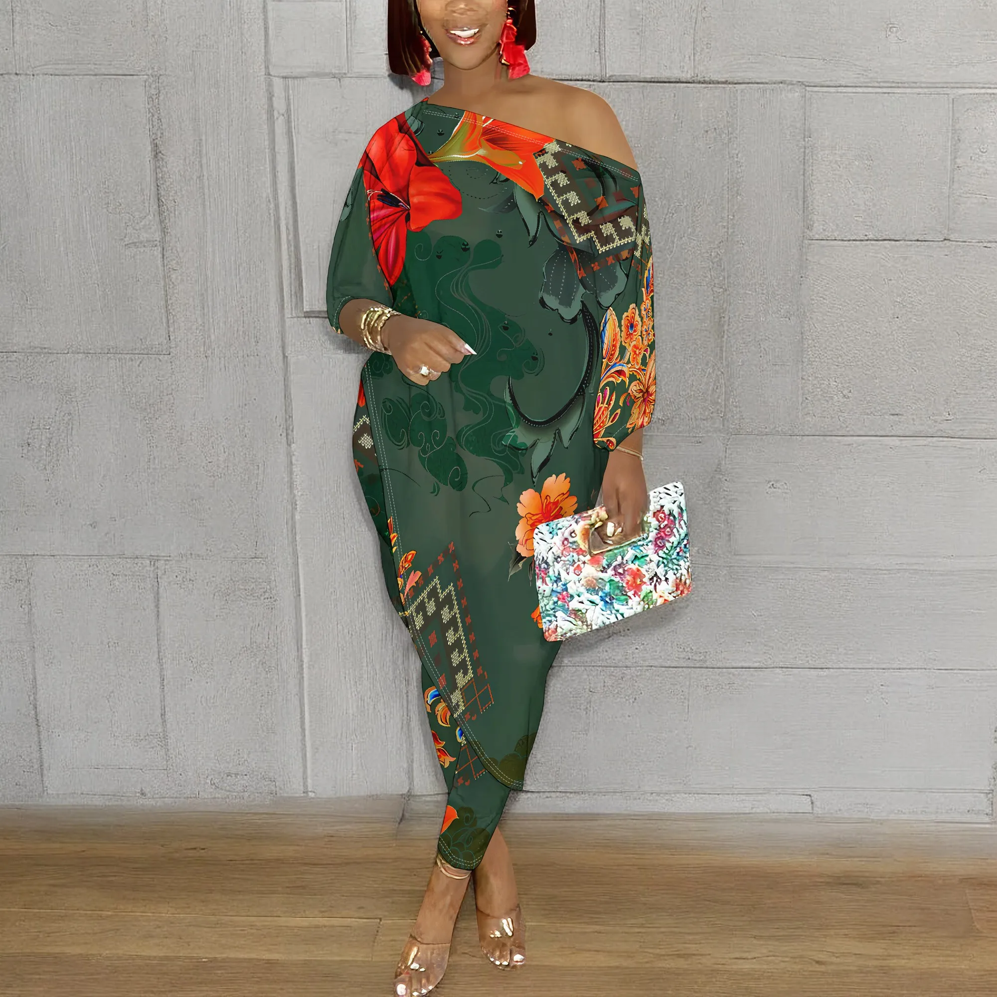 

Summer Fashion Printed Sexy Off Shoulder 3/4 Sleeve Outfits for Women 2 Piece Sets Long Pants Jogger Tracksuits