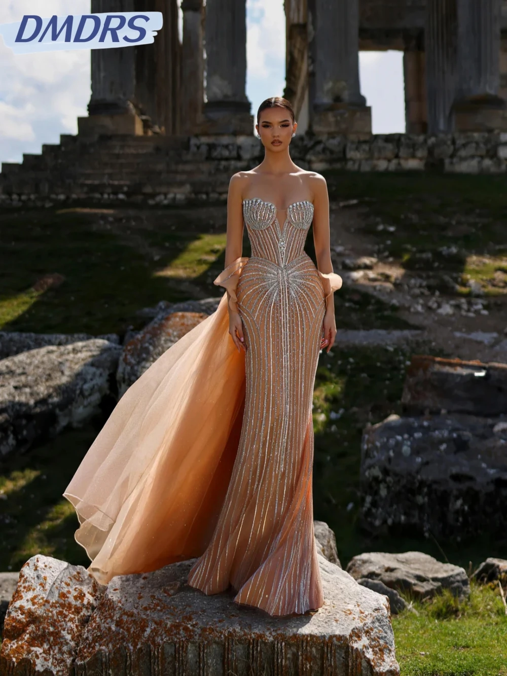 

Champagne Detachable Train Beaded Evening Dress Exquisite Silver Crystal Wedding Party Gown Customized Mermaid Long Prom Dresses