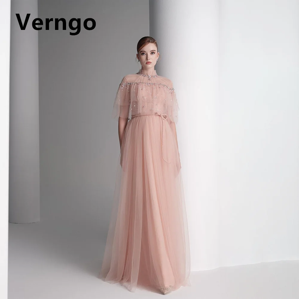 

Verngo Blush Pink Tulle Prom Gown Sequined Floor Length Party Dress For Women High Neck A Line Evening Dress Elegant Formal Gown