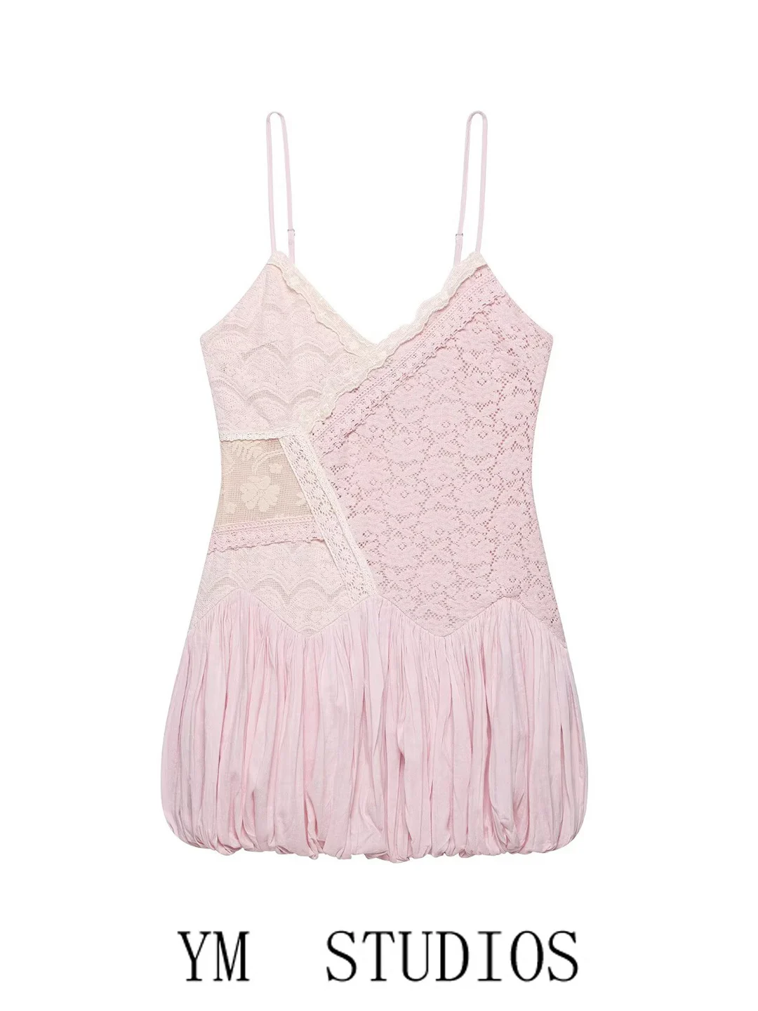 Sweet Girl Style Lace Splicing Balloon Version Strap Dress Color Block Flower Bud Short Skirt Polyester Fabric Sleeveless Sli...