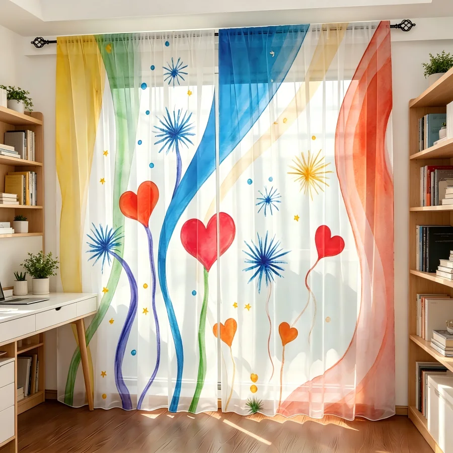 2PCS Digital Print Sheer Curtain, Colorful Heart Firework Festival Celebration Window Drapes for Living Room Bedroom Home Decor