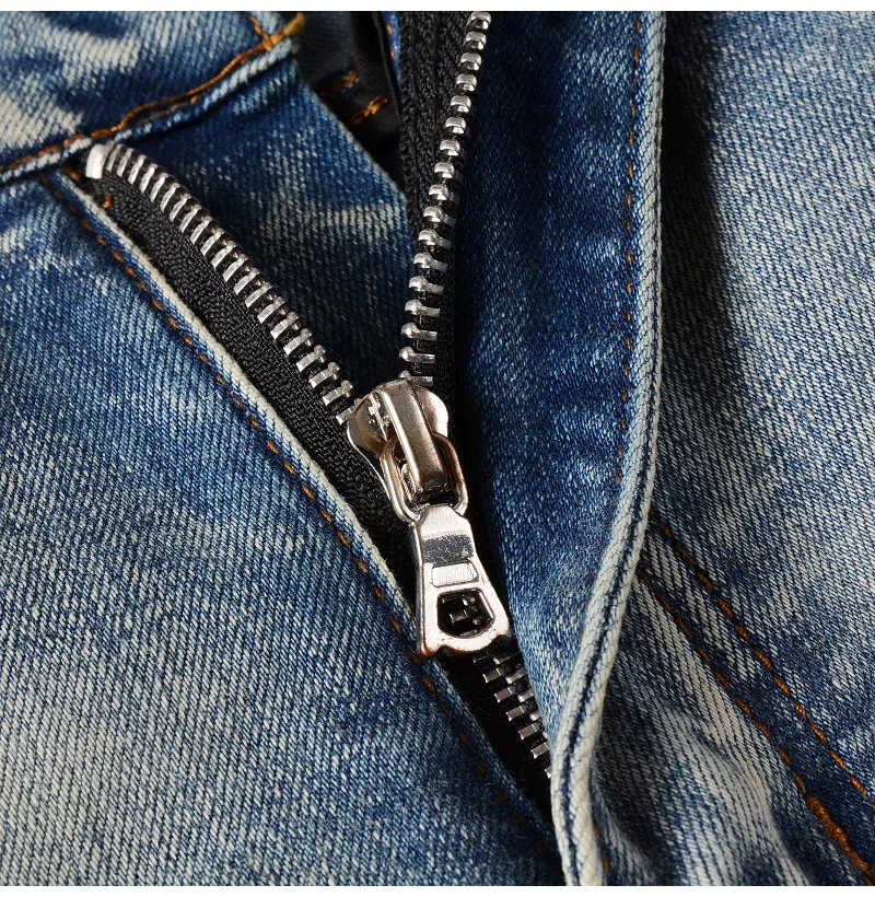 Herren-Lederjeans mit Plissee-Patches, Biker-Stil, Streetwear, Skinny, schmal geschnitten, hochelastisch, Jeanshose mit Löchern, zerrissen, Distressed-Hose – Detail 8