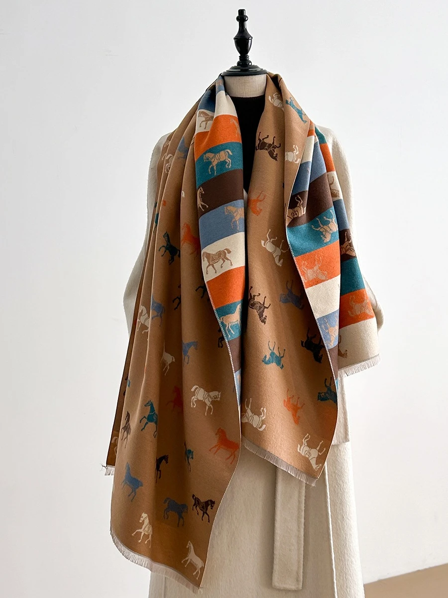2026 Fall Winter Women Cute Cartoon Horse Imitation Cashmere Scarf Double Sided Color Block Thick Warm Long Shawl Wrap Casual