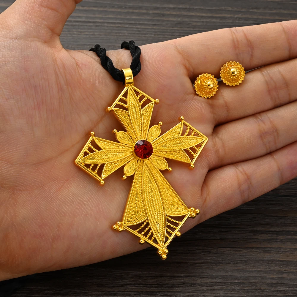 Ethiopian Big Cross Collar Round Pendant & 1CM Small Earrings Africa Birthday Jewelry Sets Eritrean Habesha