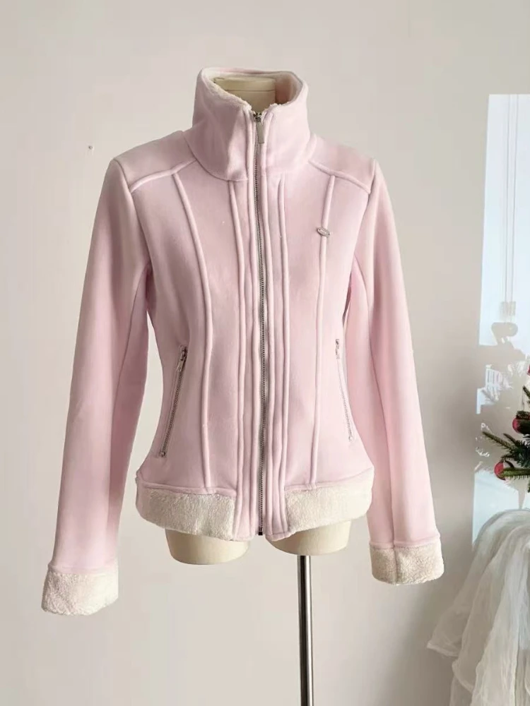 American Style Retro Solid Polar Fleece Sweet Warm Jacket Women Slim Waist Y2k High Neck Coat New Fashion Casual Winter Clothing