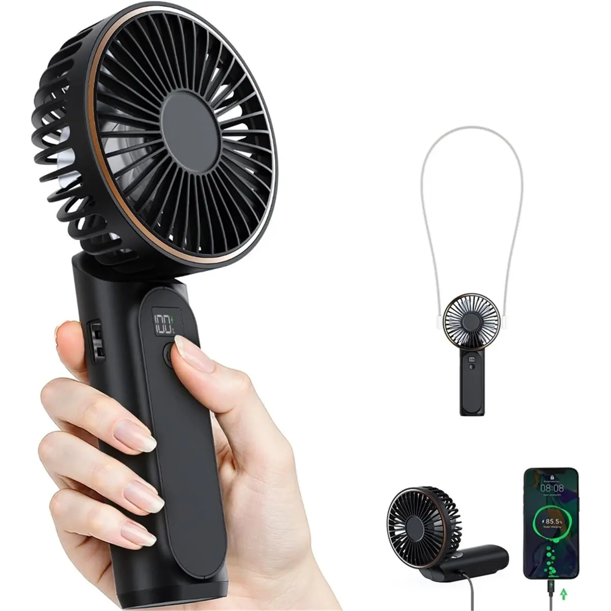 (A02R] Portable Handheld Fan, Portable Fan Rechargeable, 4000mAh, 180° Adjustable, 6 Speed Wind, Display Electricity in Time