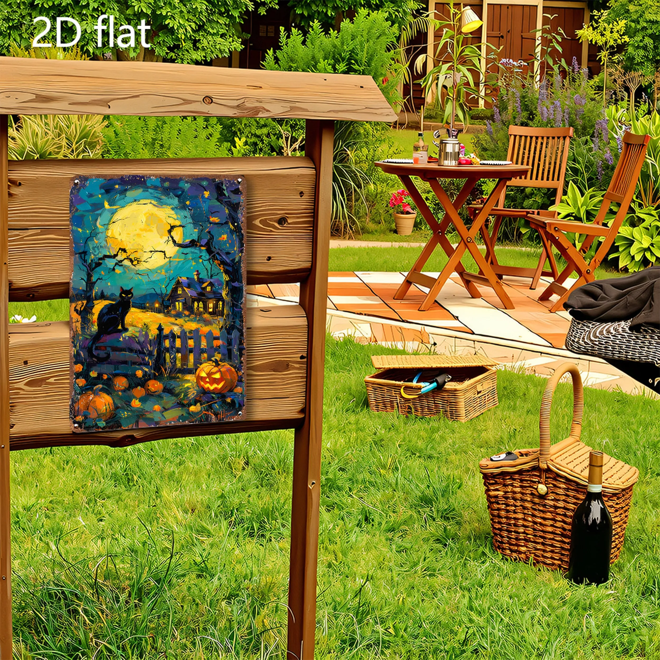 مسطح ثنائي الأبعاد، قطعة واحدة، مسطح ثنائي الأبعاد، صورة صفيح، مشهد الهالوين، ديكور معلق على الحائط، محفور مسبقًا، فن حديدي مقاوم للطقس،