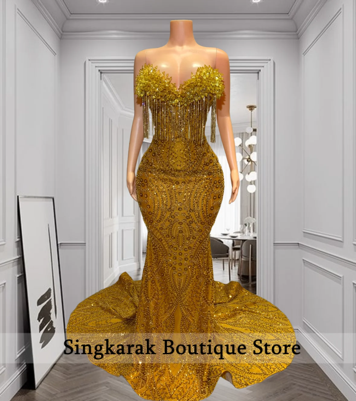 

Chic Gold Crystal Fringe Strapless Mermaid Prom Dress for Banquet Tassels Graduation Party Gown Customized