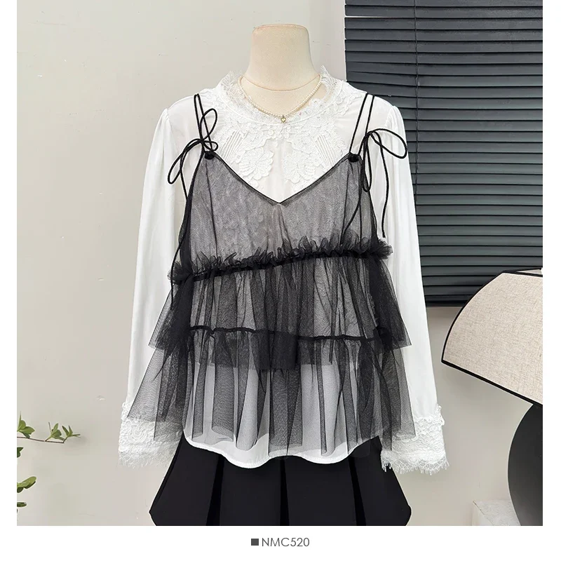 

Arazooyi Tank Top Women French Sweet Bow Bandage Layered Mesh Solid Vests Camis 2025 Spring Fairy Overlap Design Crop Top