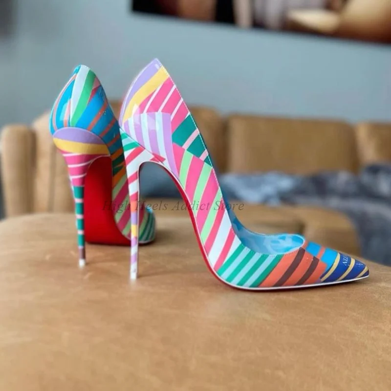 

Сексуальные кожаные туфли на высоком каблуке в цветную полоску, женские туфли-лодочки на шпильке большого размера с острым носком, новые роскошные дизайнерские туфли для свиданий и вечеринок