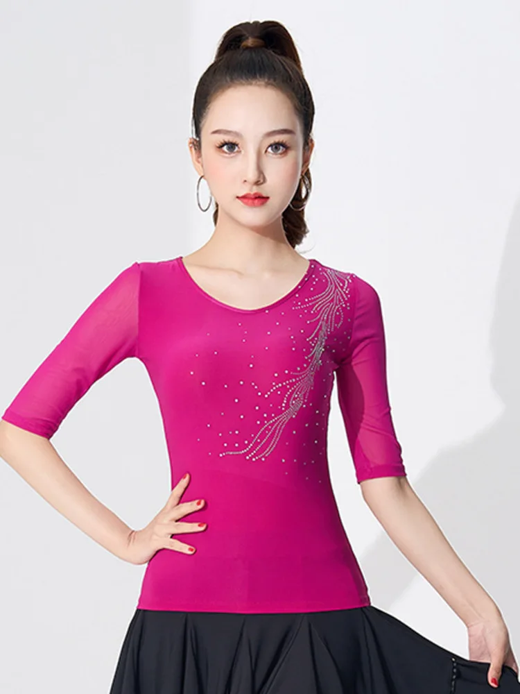 Rhinestones Latin Dance Middle Sleeves T-shirt Line Costume Evening Woman Jazz Solid Color Modern Slim Fit Tops 2024 Summer New