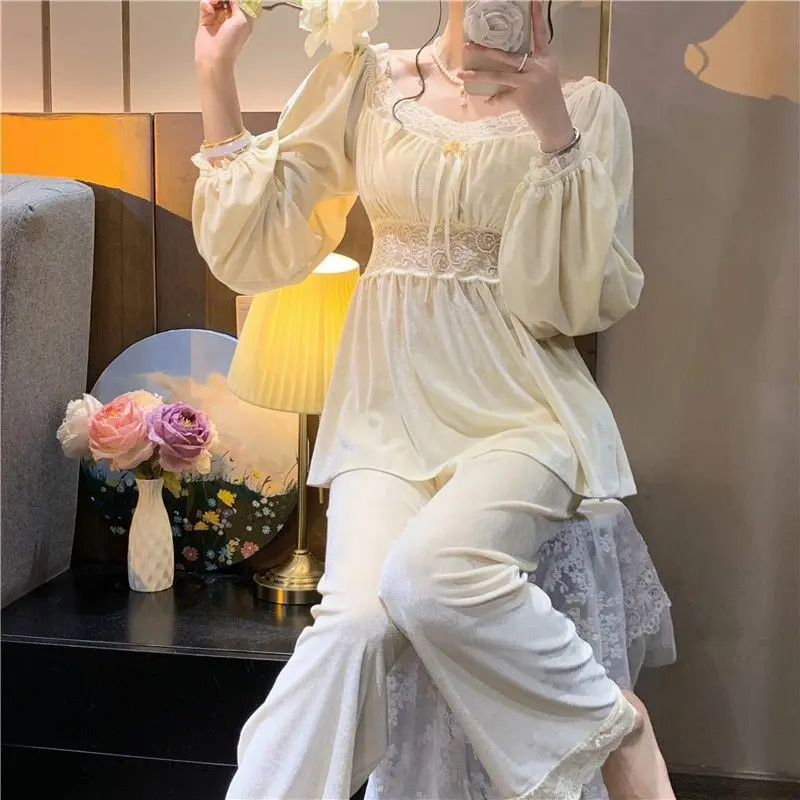 Pajama Female Autumn Winter Sexy Lace Patchwork Palace Princess Style Home Dress Set Can Worn Outside with Breast Cushion Canary