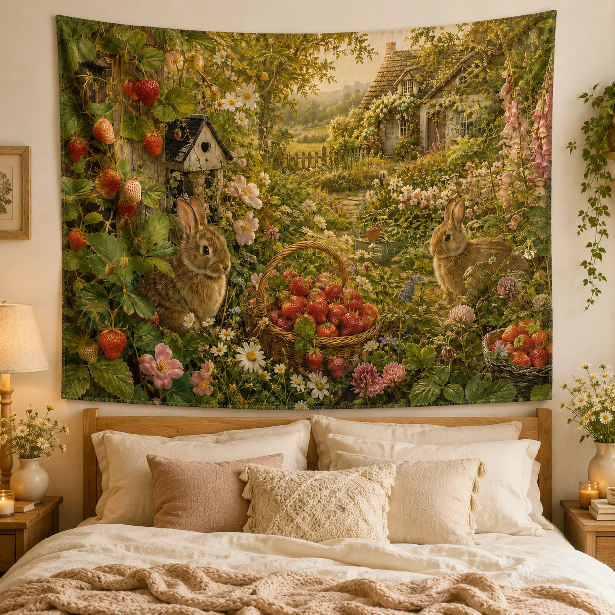 Country Bunny Tapestry Strawberry Garden Floral Wall Cloth