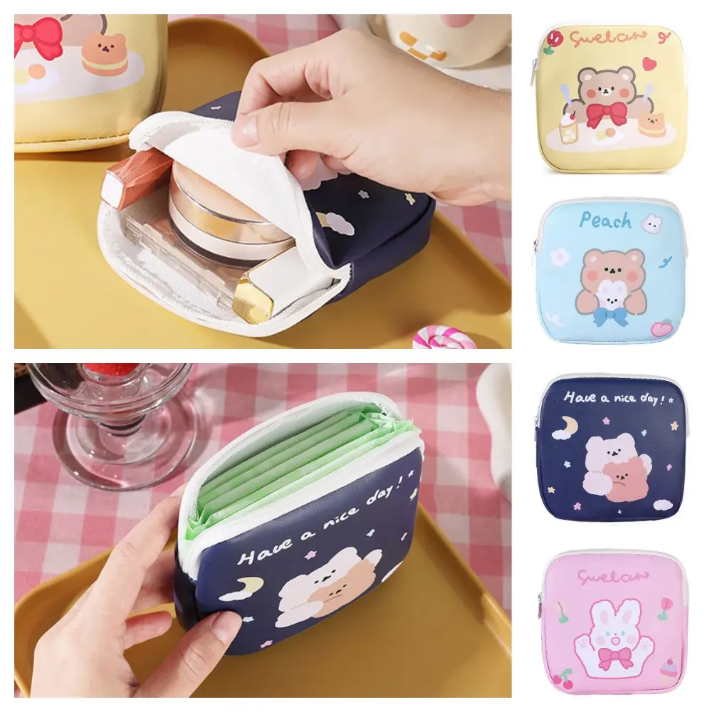 Multifunction Sanitary Napkin Storage Bag Multicolor PU Coin Bag Cartoon Rabbit Bear Travel Supplies Makeup Bag Women Girl