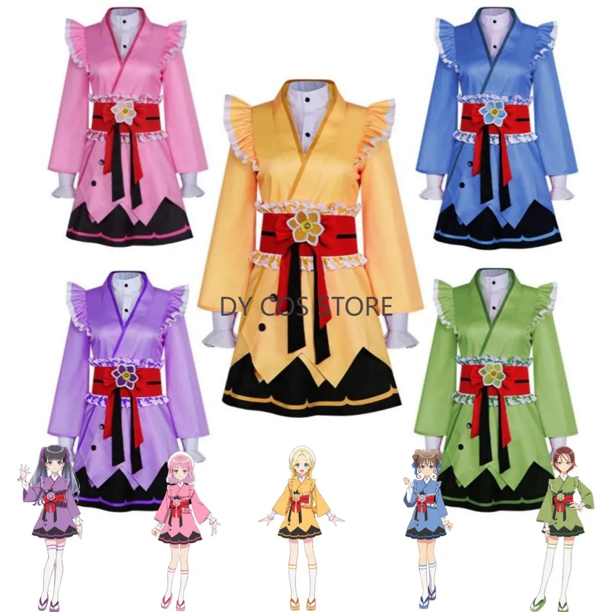 

Аниме Maebashi Witches Akagi Yuina Uzumaki Mai Kitahara Kyoka Azusa Niisato Mitsumata Choko Косплей Костюм Кимоно Лолита Юбка